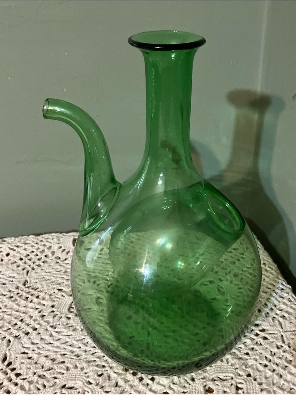 Vintage Hand Blown Italian Green Glass Wine Decanter With Ice Chamber